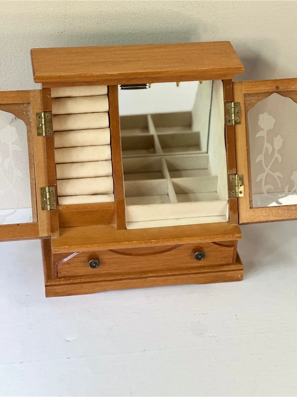 Vintage Wooden Jewelry Armoire Box Etched Glass Rose Doors Drawer